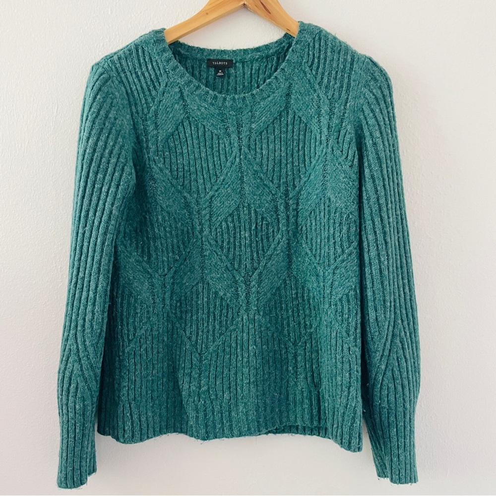 Talbots Green Diamond Stitch Cable Knit Sweater - Wool Blend
